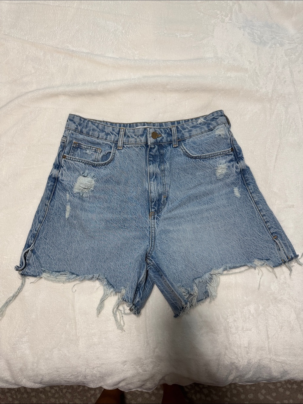 Zara Light Blue Ripped Denim Shorts